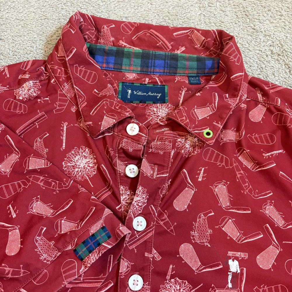 William Murray Golf Polo Shirt Men's M Red Blueprint Tartan Turmoil Performance